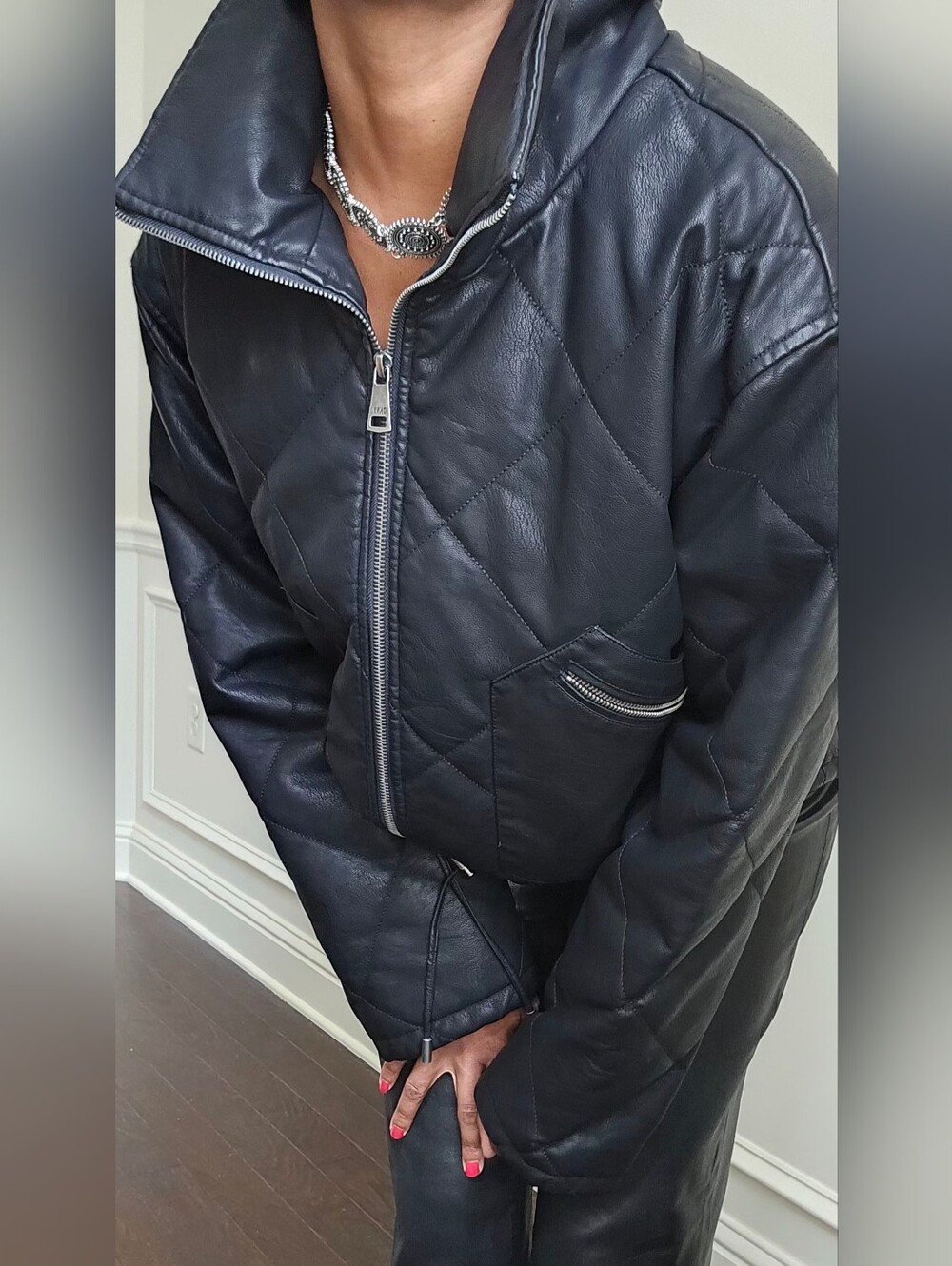 DKNY Quilted Black Leather Zip-Front Jacket